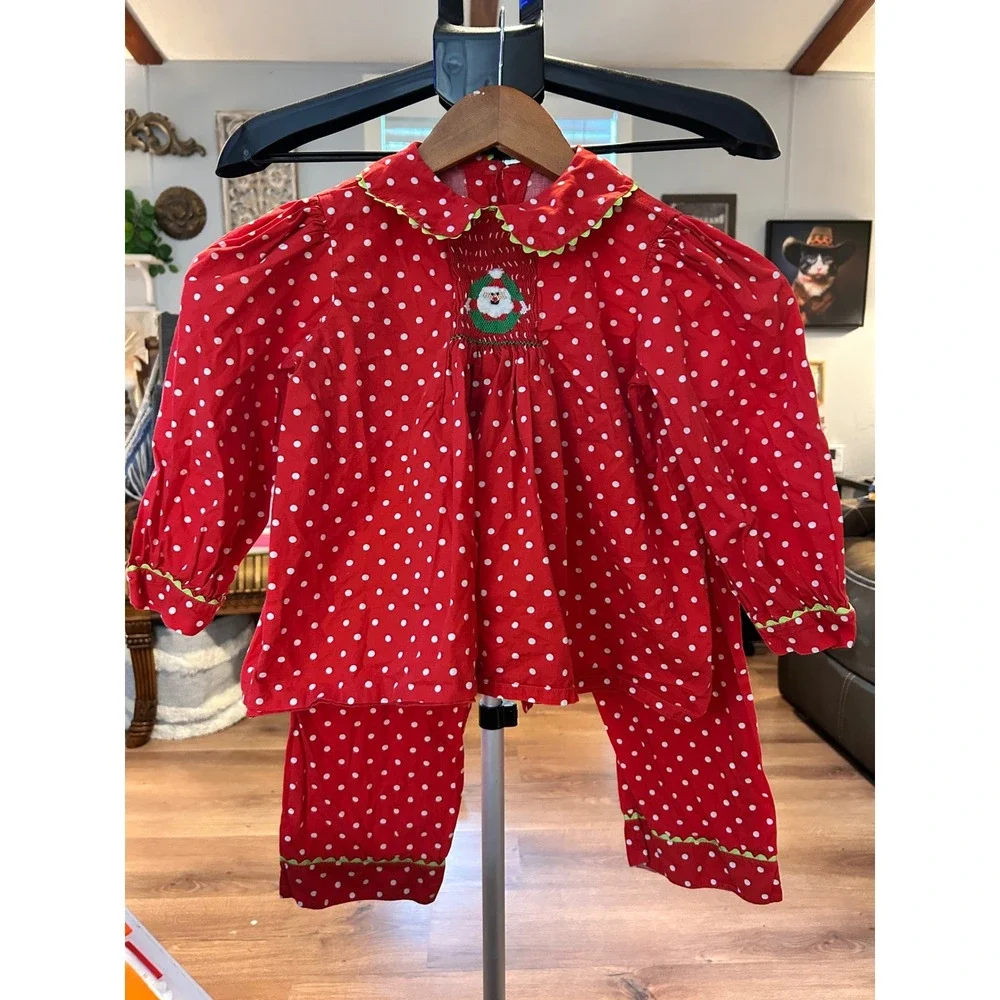 Mom & Me Girls Red Polka Dot Smocked Santa Christmas Pajamas Set Size 5